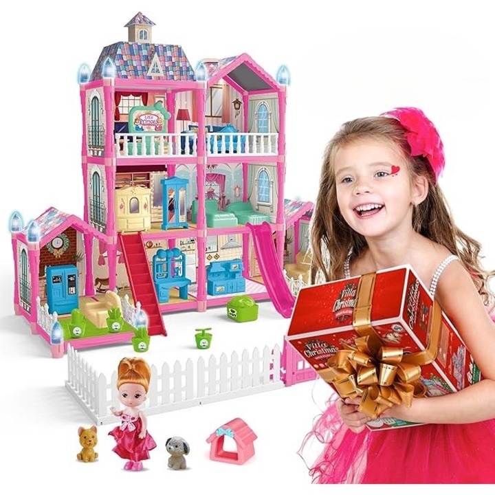 Вълшебна къща за кукли DreamHouse SmartViBE™, комплект за игра „Направи си сам“ с 215 ЧАСТИ, 3 етажа, 8 стаи, 2 балкона, напълно обзаведен, различни аксесоари, кукла с 2 животни, розово/синьо, +3 години