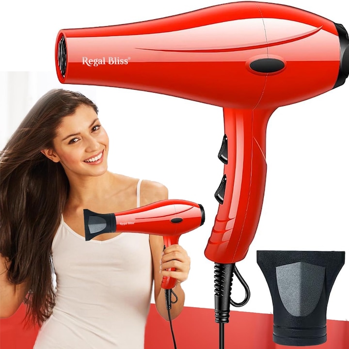 Uscator de par profesional ionic Regal Bliss ®, uscarea rapida ca la salon, nucleu ceramic, ioni negativi, cu 2 viteze si 2 trepte de temperatura, Putere 1500W, Concentrator inclus, Silentios, Rosu