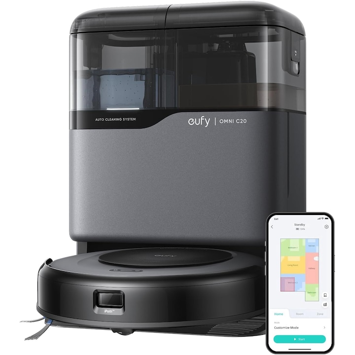 Прахосмукачка-робот eufy Omni C20, 7000 Pa, прахосмукачка и моп, многофункционална станция, черна