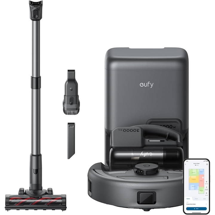 Прахосмукачка робот eufy E20 3 в 1, 8000 Pa, самоизпразваща се станция, 5-степенна система за филтриране, черен
