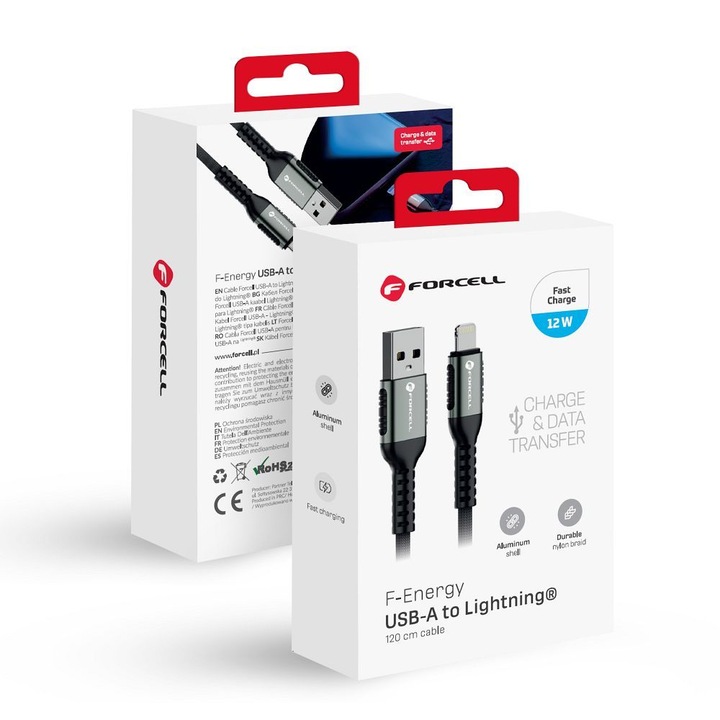 Cablu incarcare USB la Lightning, 2.4A 12W, Lungime 1.2 m, Forcell F-Energy C257, Negru