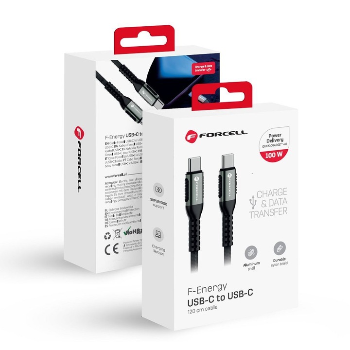 Cablu incarcare USB Type-C la USB Type-C, QC 4.0 PD 5A 100W, Lungime 1.2 m, Forcell F-Energy C260, Negru