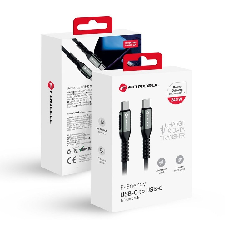 Cablu incarcare USB Type-C la USB Type-C, QC 4.0 PD 5A 240W, Lungime 1.2 m, Forcell F-Energy C263, Negru
