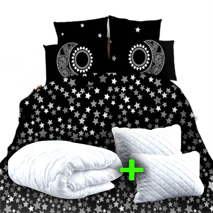 Pachet lenjerie pat dublu digital print 3D + 2 perne matlasate 50x70 cm + pilota 200x215 cm primavara toamna (P3D38)