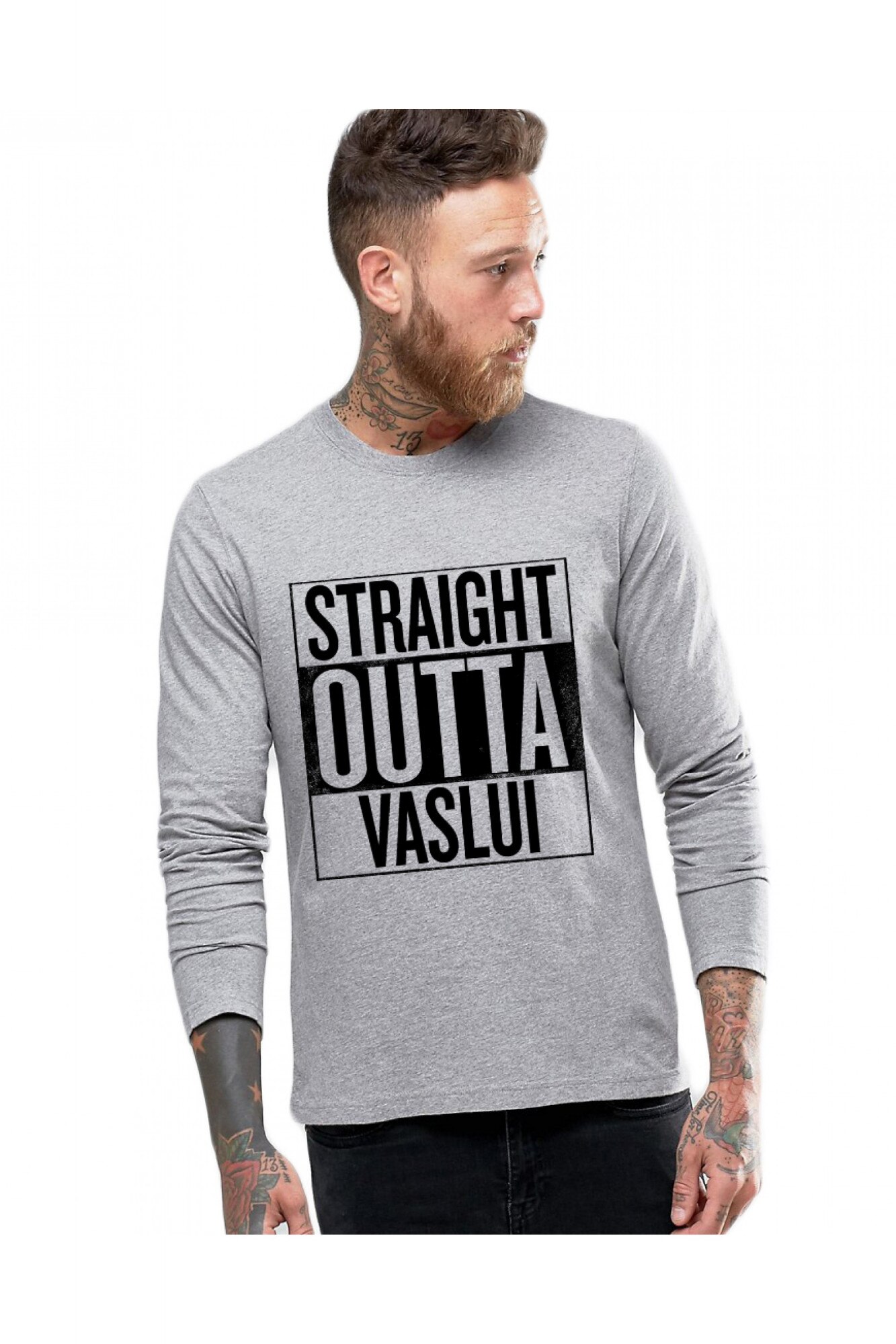 Bluza barbati gri cu text negru - Straight Outta Vaslui, XL