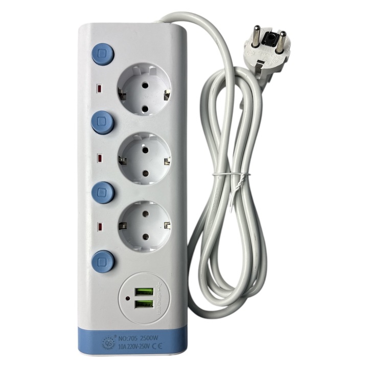 Удължител за разклонител QIAOSHENG 2500 W, 2 м, с 3 разклонителя и 2 USB гнезда (705USB-2M)