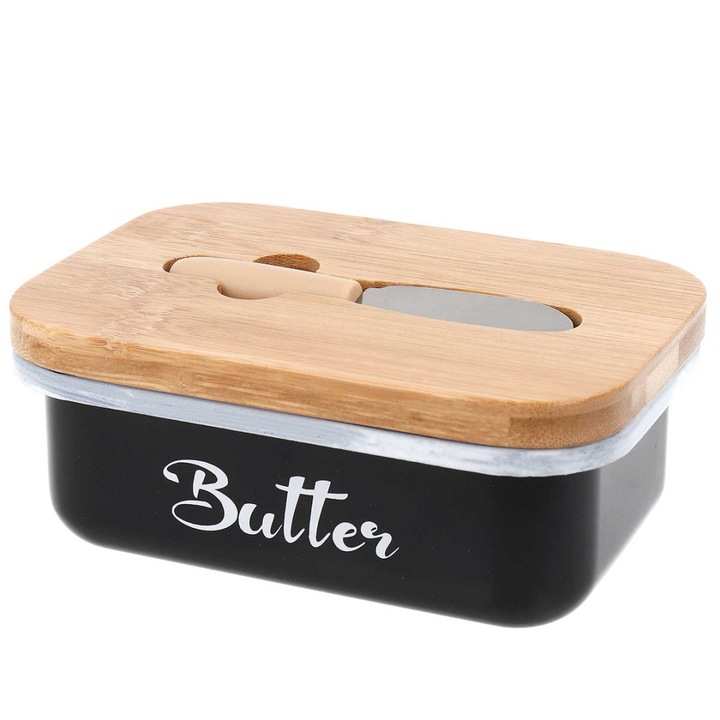 Cutie alimentara Brunbeste, metalica cu capac din bambus si cutit, 15.5x10.5x6.5cm