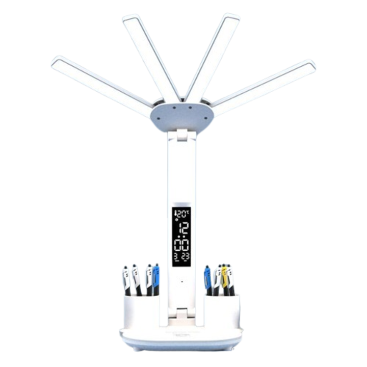 Lampa de birou LED, VICTINY®, 4 brate cu suport stilou, temperatura, ora, data, 3 moduri si 5 intensitati, pliabila, no flicker, protectie ochi, 3200 mAh, Incarcare USB, alb