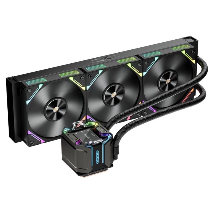 1stPlayer® X-Starship 360-bk процесорен охладител, 2,4-инчов IPS дисплей, ARGB, AMD/Intel съвместим, черен