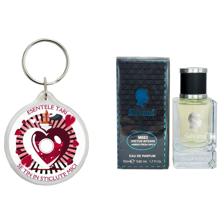 Set Apa de parfum, Ivictus Intense Pacoinvictus Intense Silvana Parfum, 50 ml si breloc Esentele tari se tin in sticlute mici
