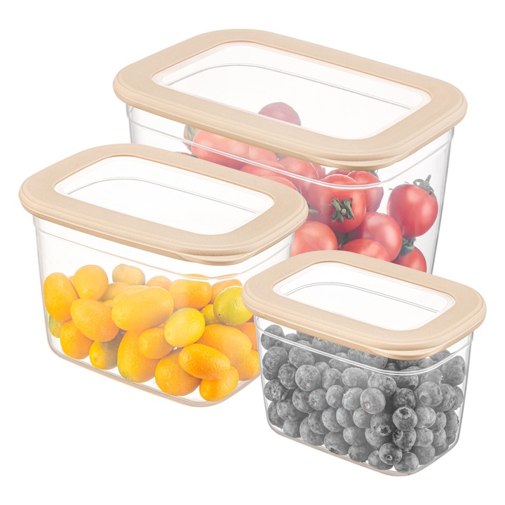 Комплект от 3 правоъгълни контейнера за храна, CRALEX, Tosca, 800 мл / 1,3 л / 2,3 л, бежови