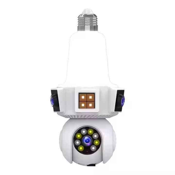 Camera de supraveghere tripla, tip bec, cu trei ecrane, conexiune WiFi, rotire la 360 de grade, Night Vision, audio bidirectional, microfon incorporat, alb