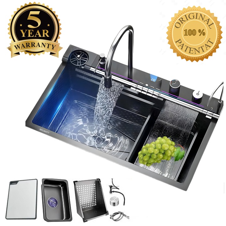 Set chiuveta bucatarie, Milmatt, multifunctionala, cu afisaj led, baterie cu dus extractibil, 2 cascade, dispozitiv spalare pahare, dozator sapun, robinet apa purificata, otel inoxidabil 3 mm, culoare negru, 750x450 mm