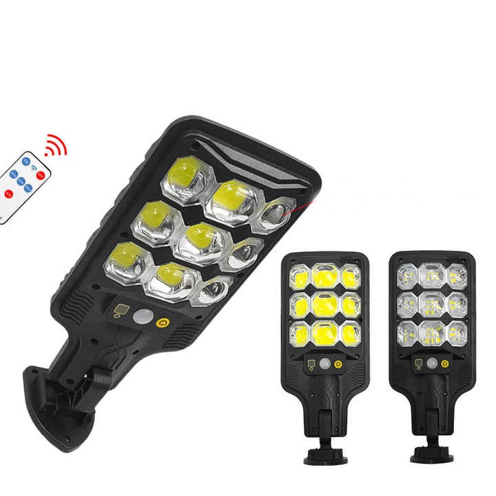 Lampa solara de exterior, senzori lumina si miscare, cu prindere pe perete, stalp, rezistenta la apa si intemperii, cu telecomanda, negru