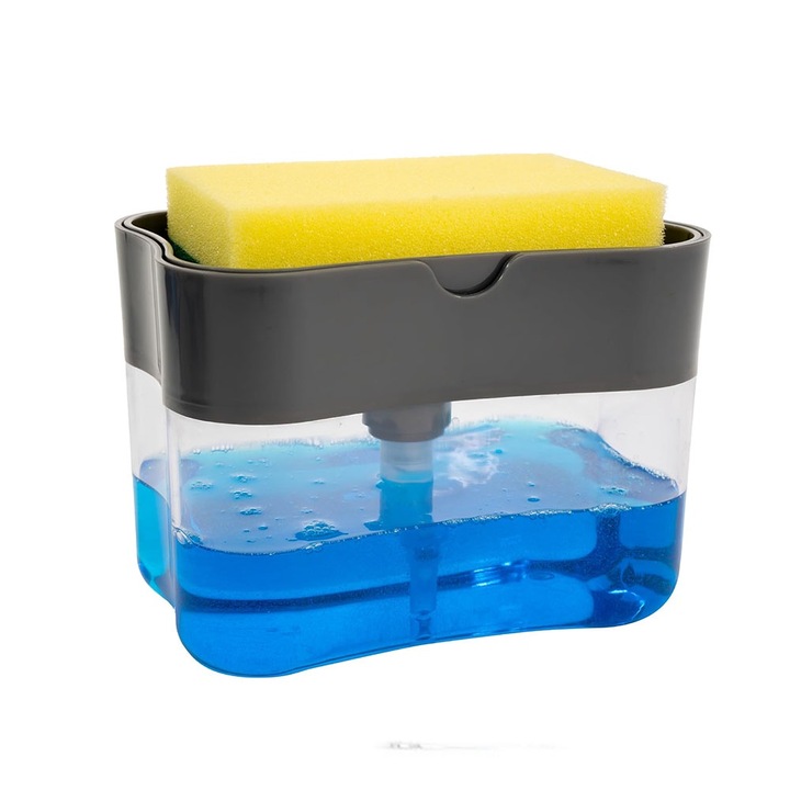 2 az 1-ben adagoló mosószerekhez és egészségügyi cikkekhez, szivacstartóval, űrtartalom 380 ml, kompakt és modern kialakítás, 14 x 10,5 x 10 cm, szürke