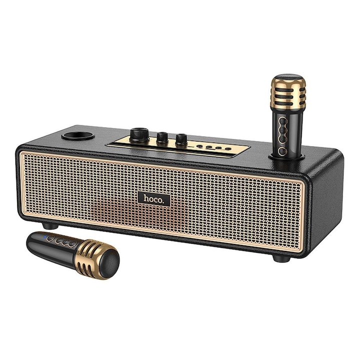Boxa Bluetooth + 2 Microfoane Wireless, Hoco BS63, Ideal Karaoke, Negru/Auriu