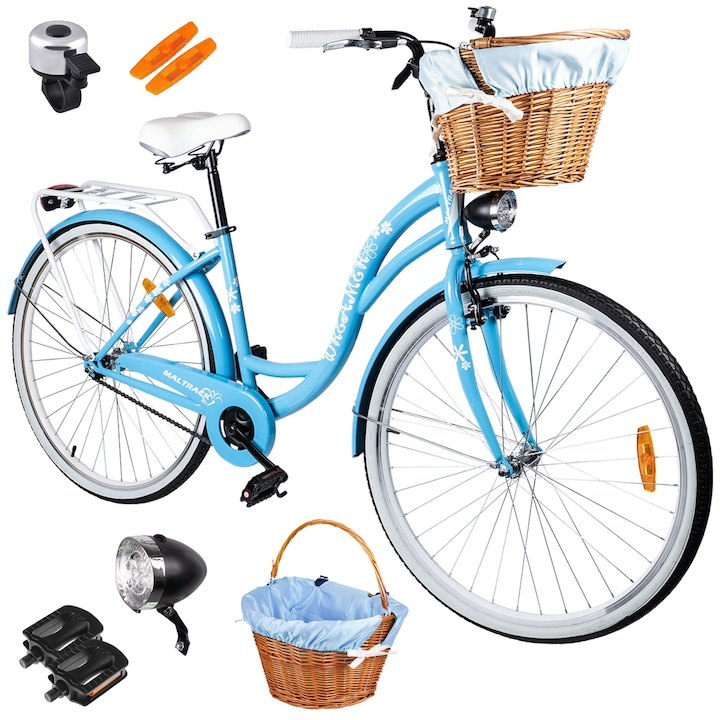 Városi kerékpár, MalTrack, Citybike Dreamer, női, nagy kerekek 38", váz 18", V fékek, fonott kosár, kék