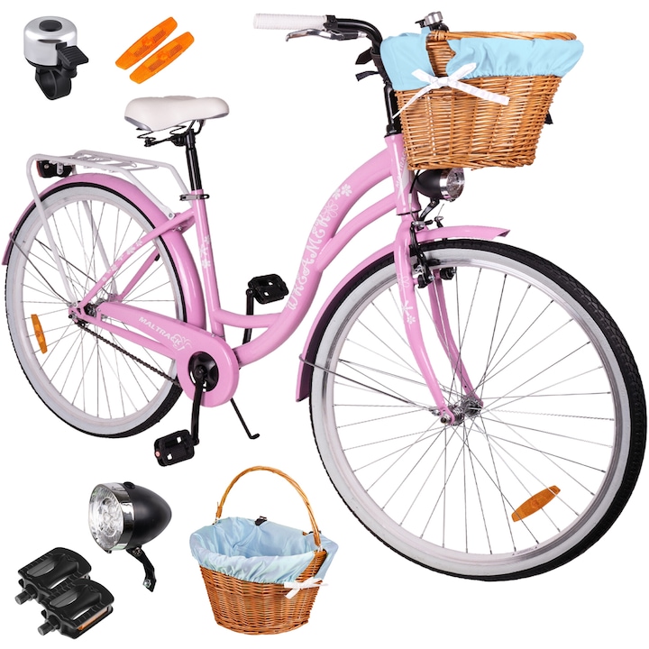 Városi kerékpár, MalTrack, 28 hüvelykes, Citybike Dreamer, női, 18 hüvelykes váz, V-fék, kosár és csengő, rózsaszín