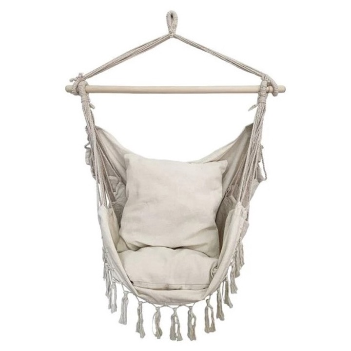 Scaun Leagan Suspendabil Bej cu Macrameu & 2 Perne 100x130x110cm