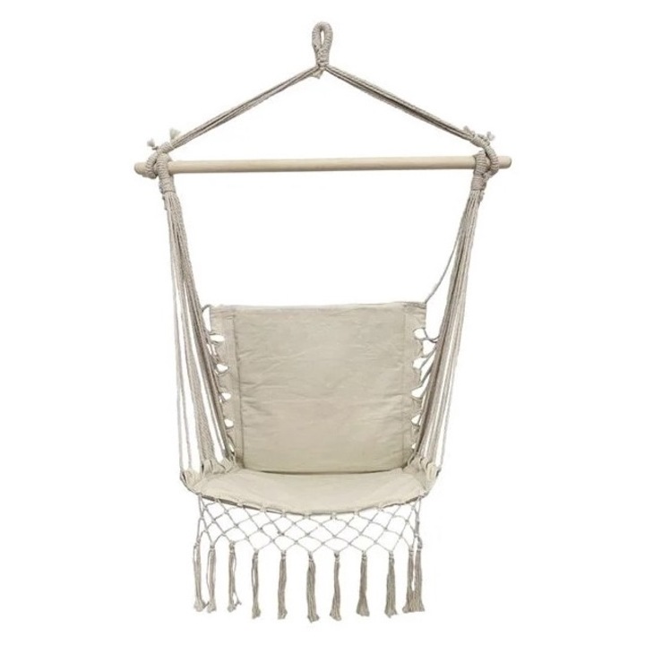 Bézs függő hintaszék háttámlával és makraméval 100x50x110cm