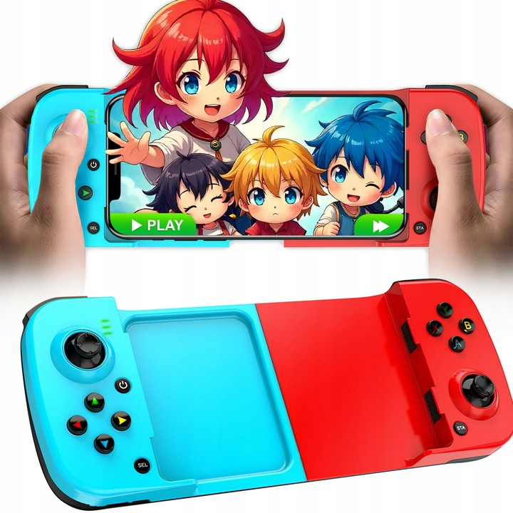 GamePad Controller telefonhoz, Zola, Android, IOS, PC és Playstation 3 kompatibilis, bluetooth 5.0, vezeték nélküli, többjátékos mód, telefon támogatás 135 mm-től 173 mm-ig, USB-C töltőkábel mellékelve, műanyag csúszásgátló gumival, kék/piros