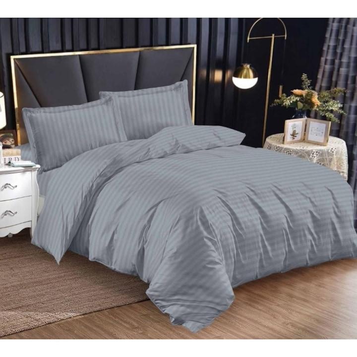 Lenjerie pat, Pucioasa, 4 piese, cearsaf cu elastic, Damasc, gri, 200x230