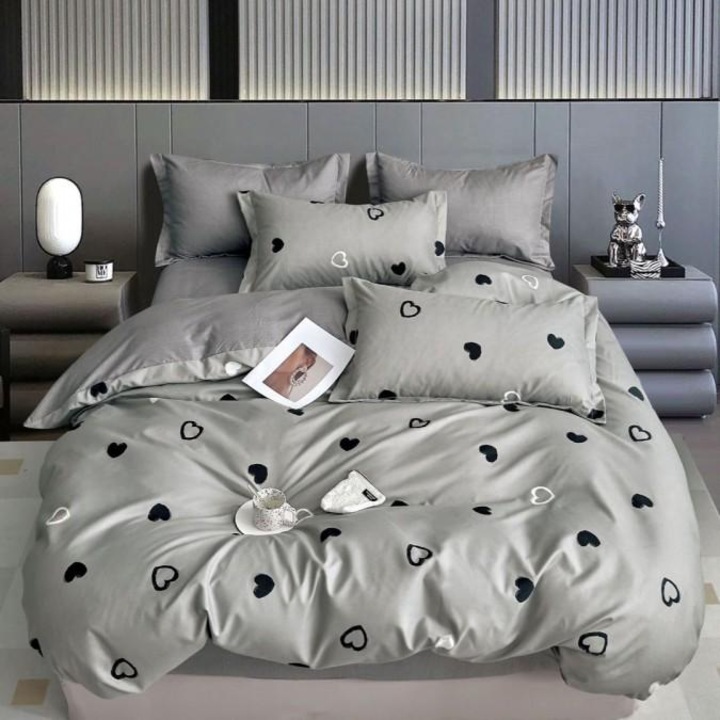 Lenjerie pat dublu, 2 persoane, cearceaf cu elastic, finet, 6 piese, gri cu inimioare