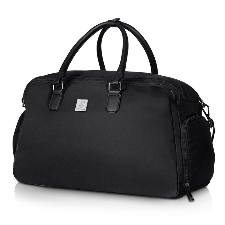 Geanta de weekend, James Hawk, Fitness, Nylon, Necesare de toaleta impermeabila, Compartiment separat pentru incaltaminte, Compartiment protector pentru laptop de pana la 16 inci, Maner exterior pentru sticla, Ergonomic, 20 l, Fermoar negru, 31.5 cm