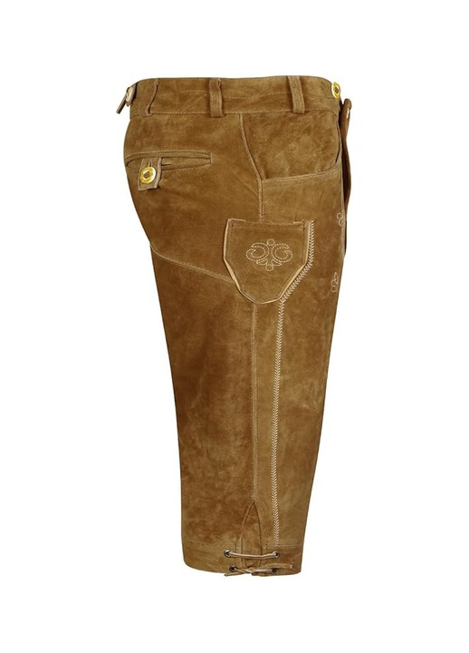 Férfi bőr nadrág, elegáns, hagyományos, Oktoberfestre, harisnyatartóval, világosbarna, 48-as méret