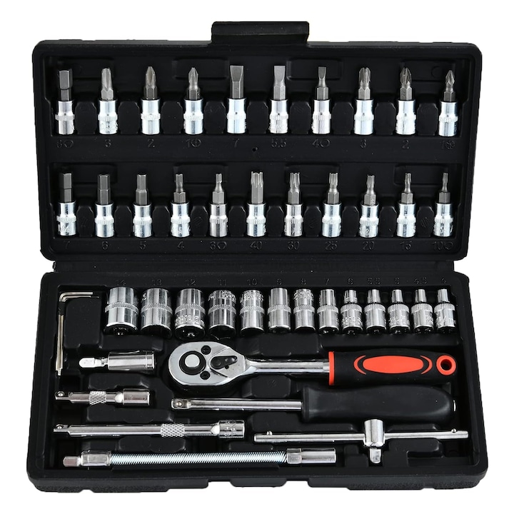 46 darabos dugókulcs és bit készlet tárolódobozzal, Axroad Mall, Csúszásgátló nyéllel, Króm-vanádium, Többszínű