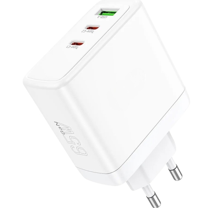 65 W-os hálózati adapter, N30, G-Tech, 2 USB-C és 1 USB-A port, Quick Charge 3.0, fehér