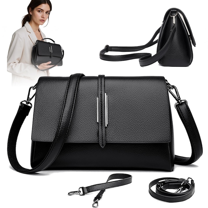 Geanta de umar dama din piele naturala, Noonedibs, Capacitate mare, Cu compartiment, Poate fi purtat pe corp sau cu mana, Moda casual si versatila, Negru