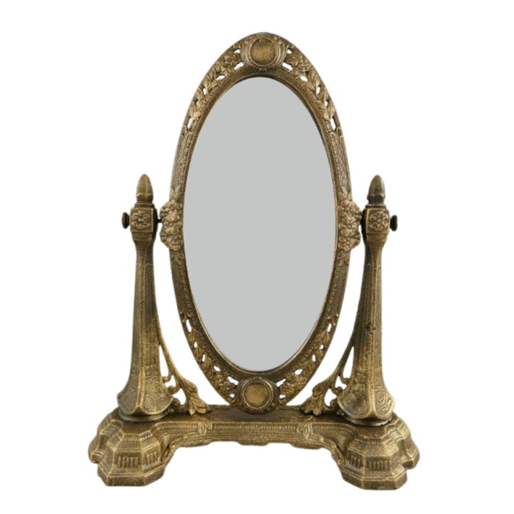 Oglinda de masa vintage, reglabila, pentru machiaj si decor, rama metalica antichizata, H. 45 cm