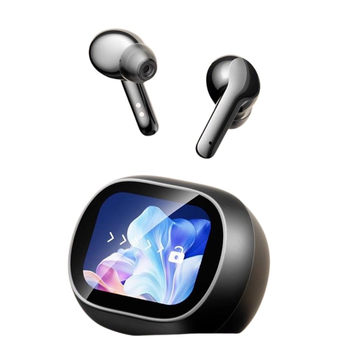 Casti Wireless Over-Ear Smart Touch, Bluetooth 5.3, Autonomie 6h, Display Personalizat, Control Touch, Baterie 400mAh, negru