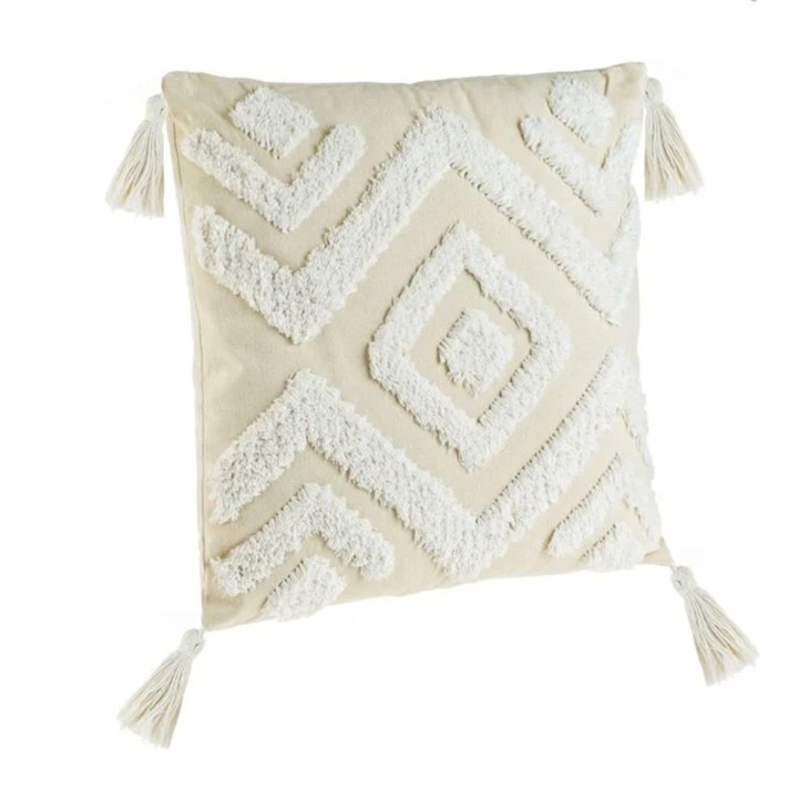 Perna decorativa, cu model, forme geometrice reliefate, bej/albe, 43 x 43 x 8cm