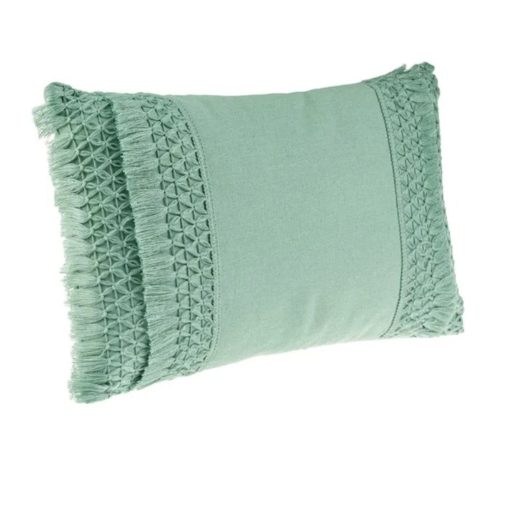 Dekoratív párna, makramé mintával, mentazöld, 50 x 30 x 13cm