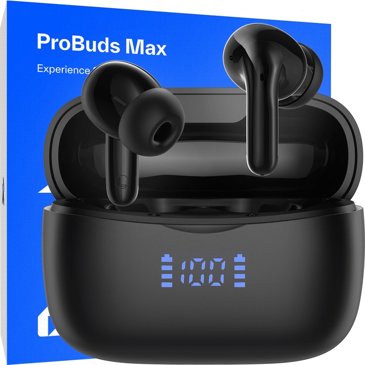Casti wireless cu noise cancelling, Qualtec by Koppel®, ANC & ENC, Casti Bluetooth 5.4, fara fir, in-ear, audio Hi-Fi, bass intens, microfon dual, handsfree, moduri ANC & Transparency & Gaming, sport, telefon universal, afisaj LED, ProBuds Max, negru