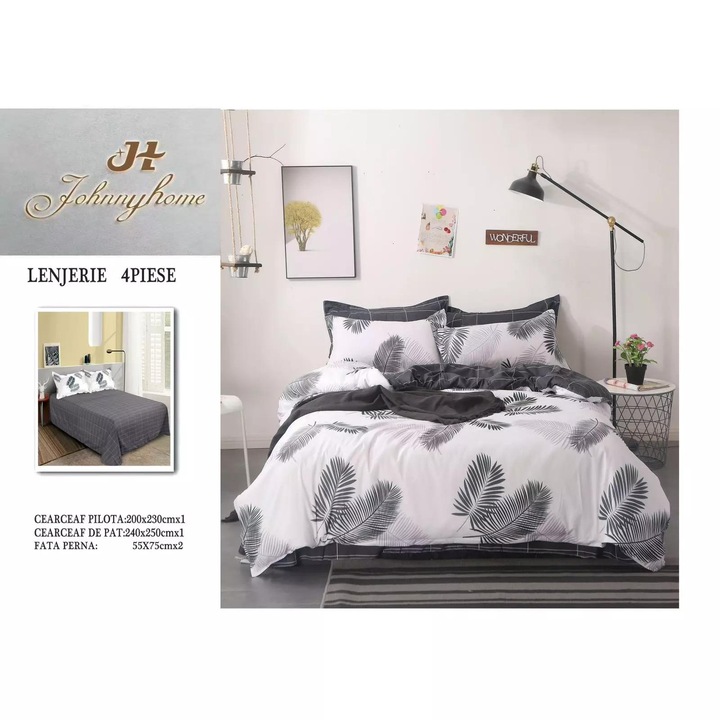 Lenjerie pat, Pucioasa, 4 piese, cearsaf simplu, Finet, gri si alb, model cu pene, 200x230