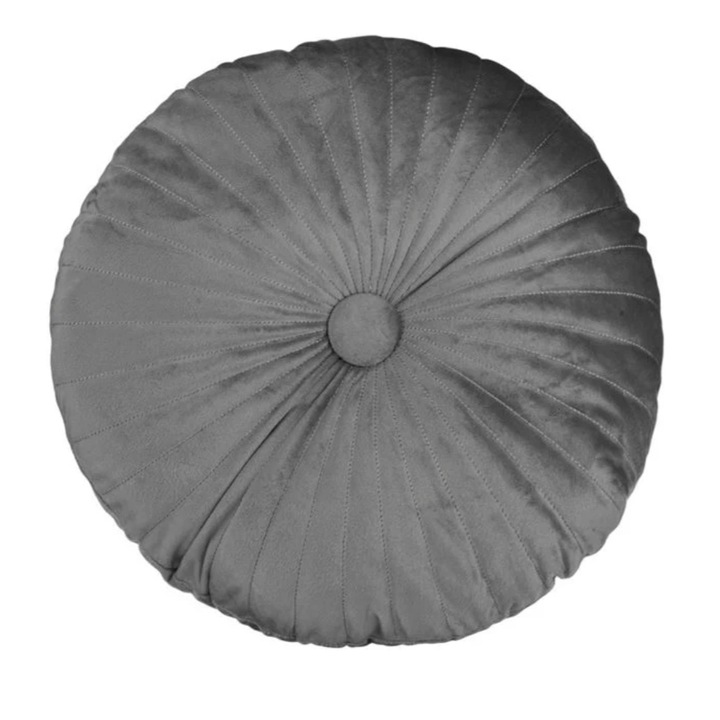 Perna decorativa, pentru canapea, model velvet, cu nasture, rotunda, gri, 35 x 8cm