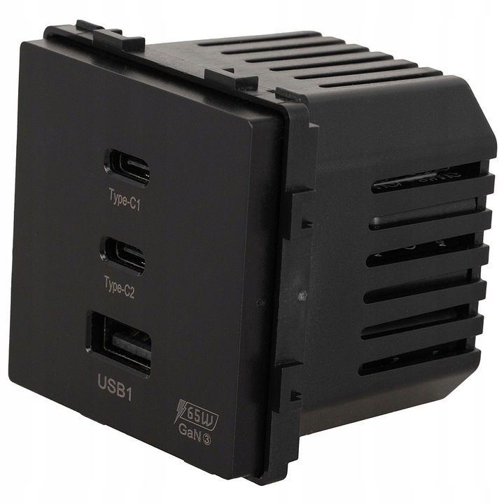 Троен USB заряден модул с гнездо 65W A+C+C черен за рамки MIUUN