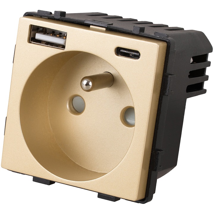 Гнездо с щифт + двойно USB зарядно устройство тип A+C 20W злато за рамки MIUUN