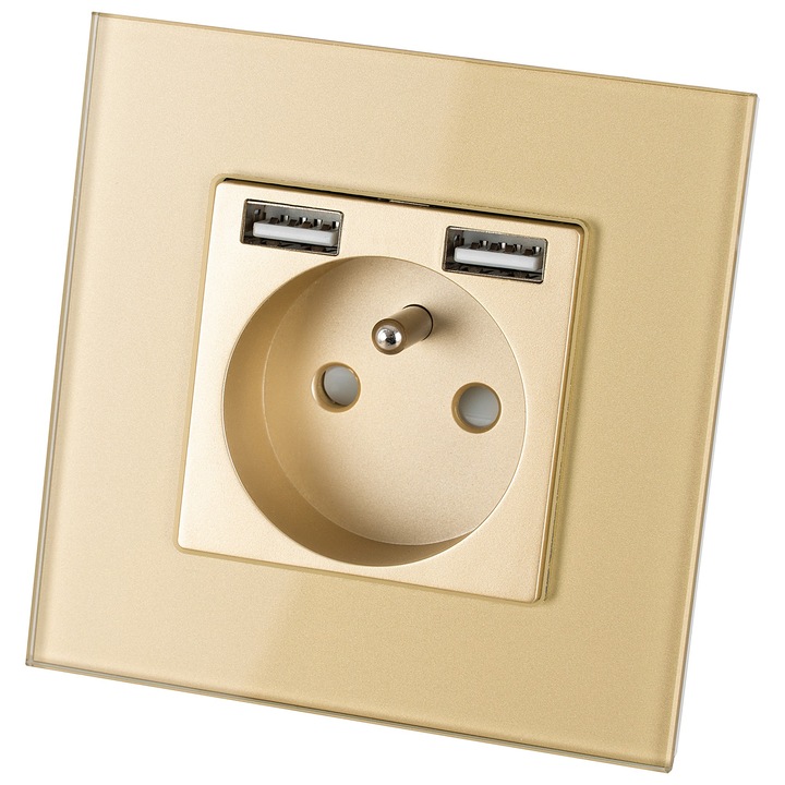 Златна стъклена букса с щифт + USB зарядно A+A 2.4A MIUUN