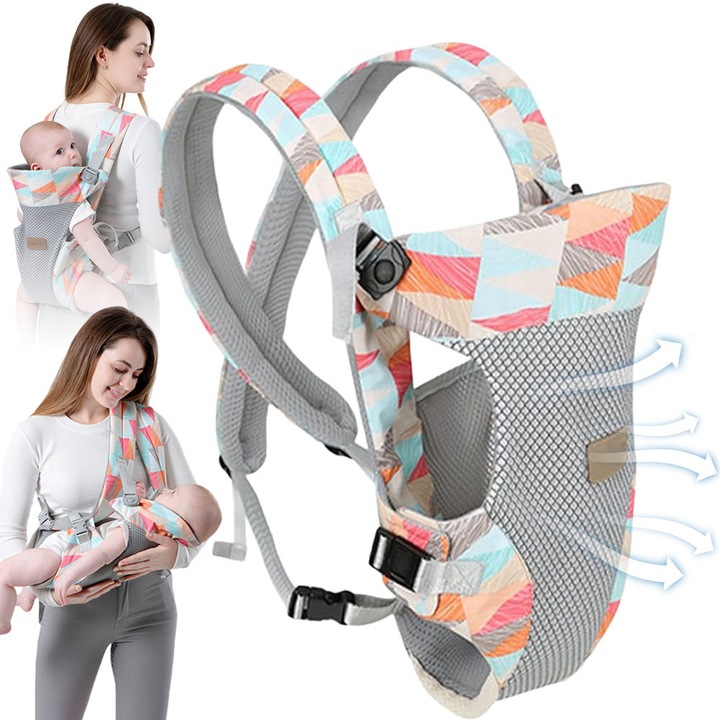 Marsupiu ergonomic de camuflaj, Noonedibs, poliester si bumbac, 0-36 months, cu bretele in fata sau spate, cu bretele 3, plasa respirabila 3D, ajustabile hs, Protectie pentru cap, pana la 20 kg, Bumbac si Poliester, Bingo Colors