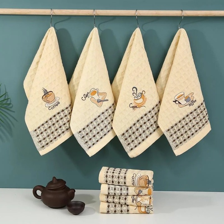 Set 12 Prosoape de Bucatarie, model Cafea Bumbac, tesatura gofrata, 40x60cm, Crem