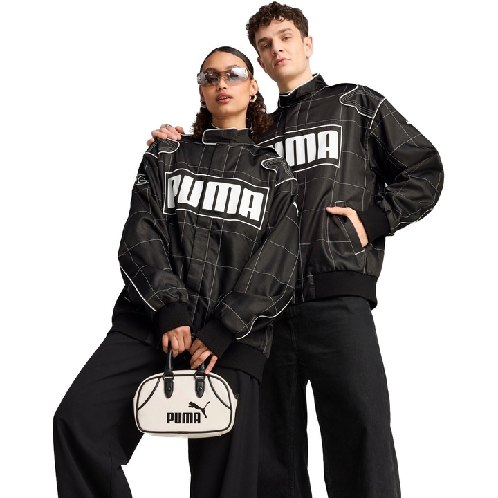 Puma, Jacheta supradimensionata unisex cu logo, Alb/Negru stins