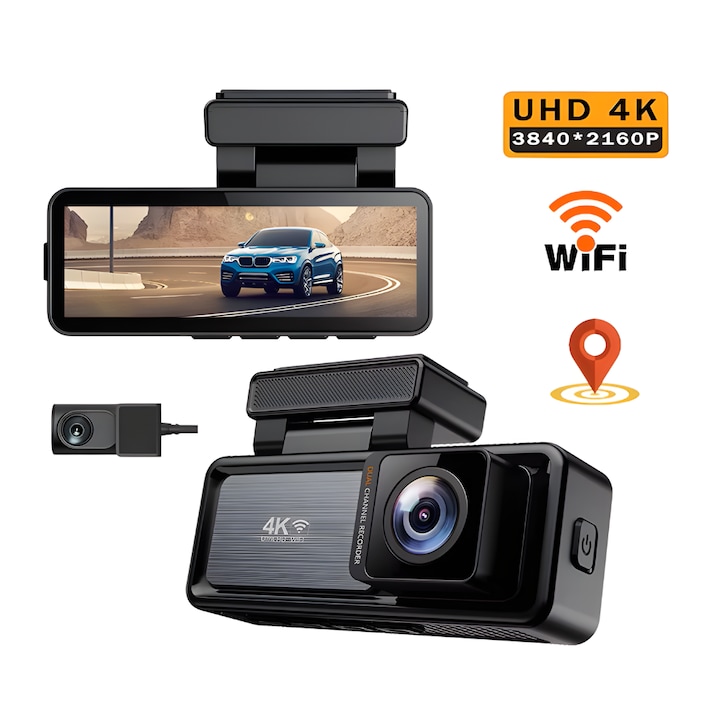 Camera auto dubla MaGeCa M6, Camera fata 4K Ultra HD + Camera spate 1080P, WIFI, Control aplicatie, Senzor de coliziune G-senzor, GPS incorporat, Inregistrare in bucla, Mod parcare, Vedere nocturna, Tehnologie WDR