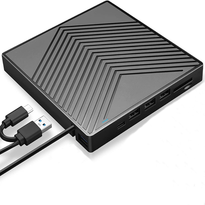 Външно DVD записващо устройство, JENUOS®, USB 3.0/Type-c кабел, ултратънък, plug and play, компактен и преносим, CD, DVD +/-, RW, SD, съвместим лаптоп, компютър, настолен компютър, Mac Book, Windows 11 /10/8/7, Linux OS, черен