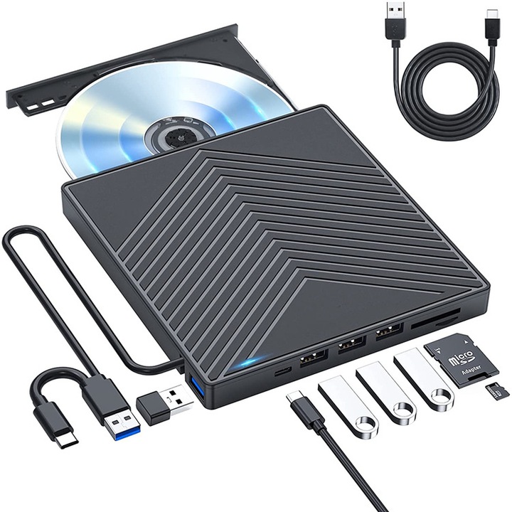 DVD writer extern, JENUOS®, Cablu USB 3.0/Type-c, ultra-subtire, plug and play, compact si portabil, CD, DVD +/-, RW, SD, compatibil laptop, PC, desktop, Mac Book, Windows 11/10/8/7, Linux OS, Negru