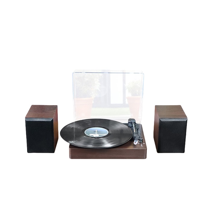 CD плейър, винил, Bluetooth 5.0, 90dB SNR, честотна характеристика 150HZ-20KHZ, поддържа дискове с размер 7/10/12, превключване 33/45/78 RPM, винтидж стил, черен