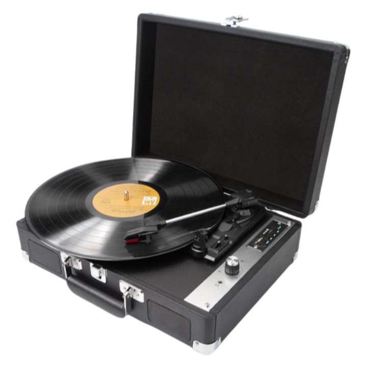 CD плейър, винил, Bluetooth, USB/RCA/AUX/SD, HIFI качество на звука, поддържа дискове с размер 7/10/12, превключване 33/45/78 RPM, винтидж стил, преносим, черен